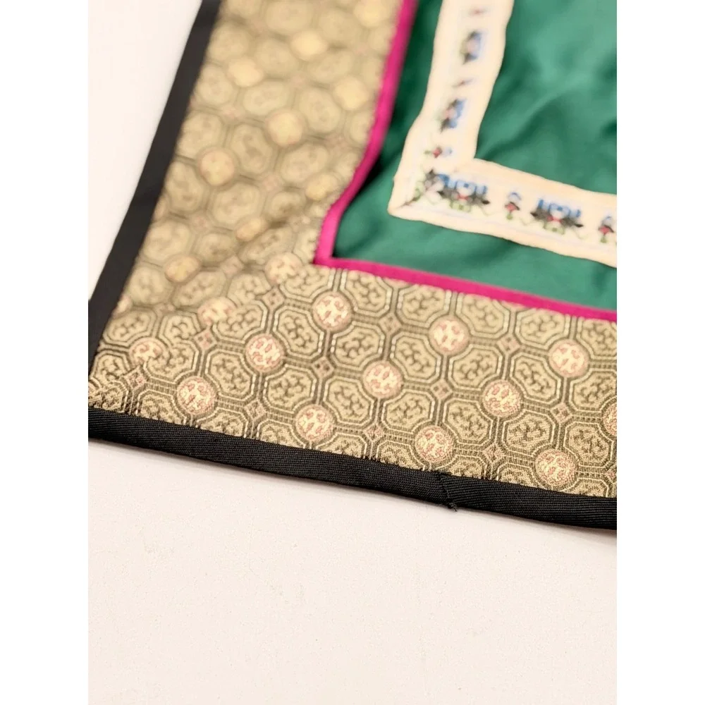 Vintage Chinese Hand Embroidered Silk Textile Bird Cherry Blossom Green 12x12